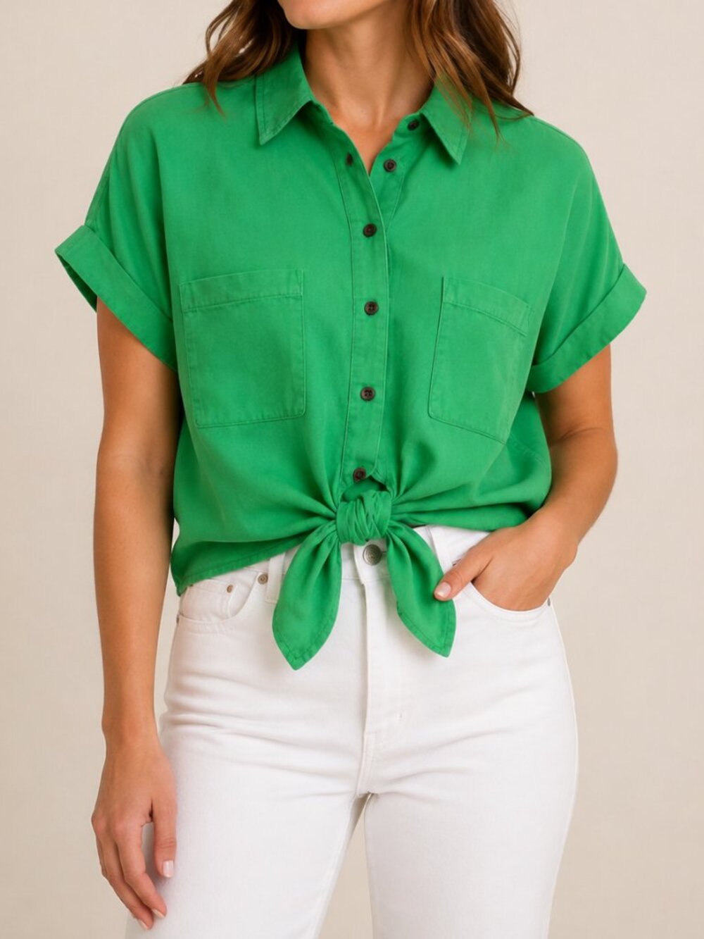 Love Tree Bright Green Short-Sleeve Tie-Front Button Shirt
